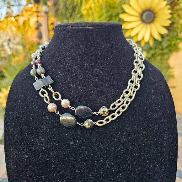 Vintage Y2K Asymmetrical  Multi-Chain Necklace with Black and Silver Accents - Picture 1 of 4